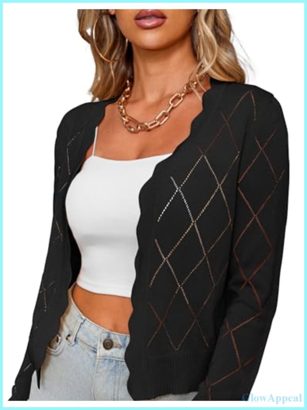 Cropped Hollow Out Cardigan Sweater Womens Lightweight Long Sleeve Open Front